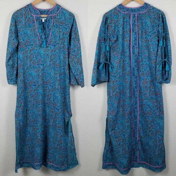 Cleobella Blue Bria Zuri Block Print Kaftan Midi Dress No Belt Size XS *Damaged - Picture 10 of 16